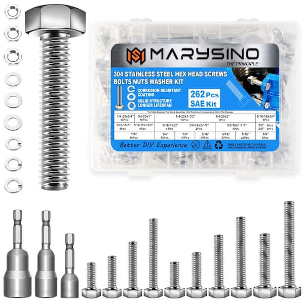 262-Piece Hex Head Nuts and Bolts Assortment Kit, 1/4-20 Bolt, 5/16-18 Bolt, 3/8-16 Metric Bolt Assortment