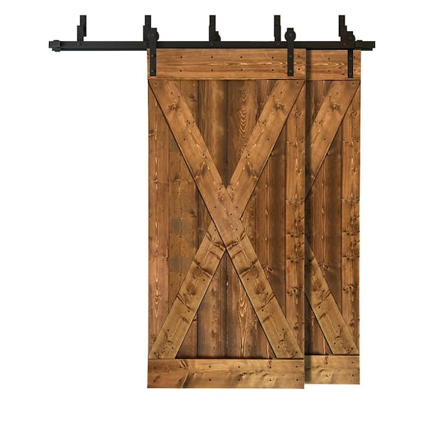 CALHOME 76 in. x 84 in. X Series Bypass Walnut Stained Solid Pine Wood Interior Double Sliding Barn Door with Hardware Kit