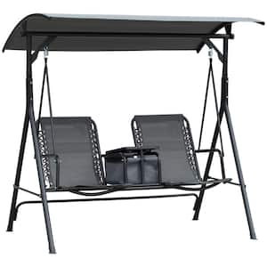 2-Person Black Metal Patio Swing with Gray Bungie Seat Suspension, Pivot Storage Table, Cup Holder, Adjustable Shade