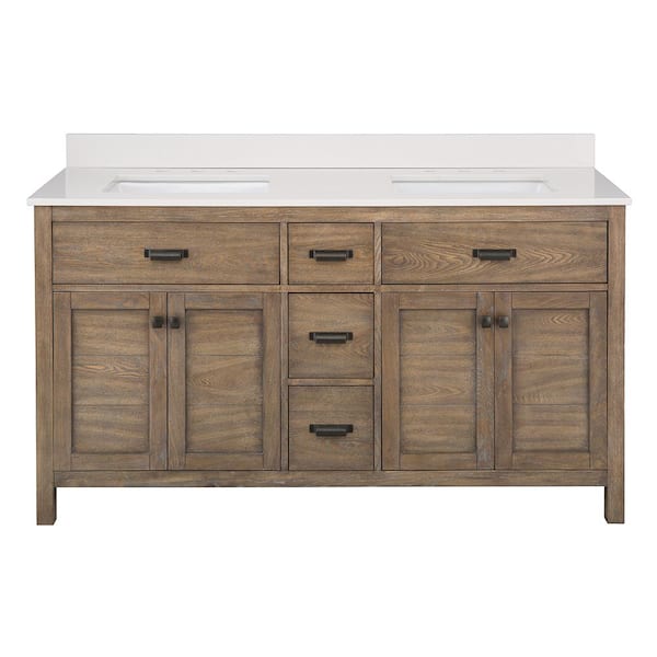 Stanhope 61 in. Double Sink Reclaimed Oak Bath Vanity with Crystal White Engineered Stone Top (Assembled)