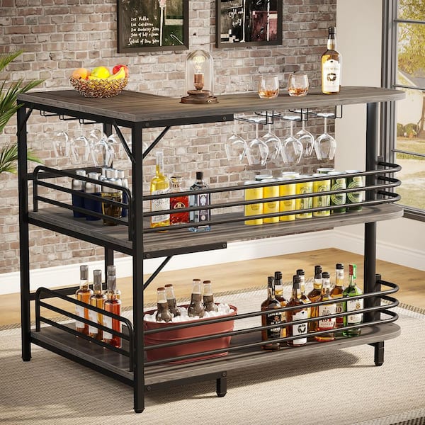 BYBLIGHT Kearsten Gray 44 in. L-Shaped Home Bar Unit 3-Tier Liquor Bar Table with Wine Glasses Holder, Corner Bar for Living Room