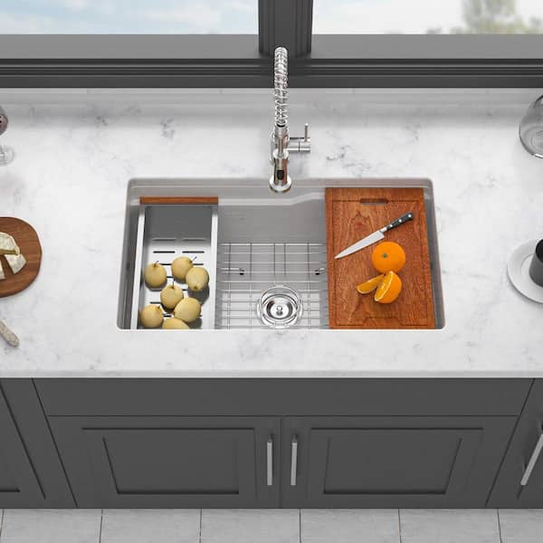 32 in. Undermount Single Bowl White Fireclay Kitchen Sink with Workstation