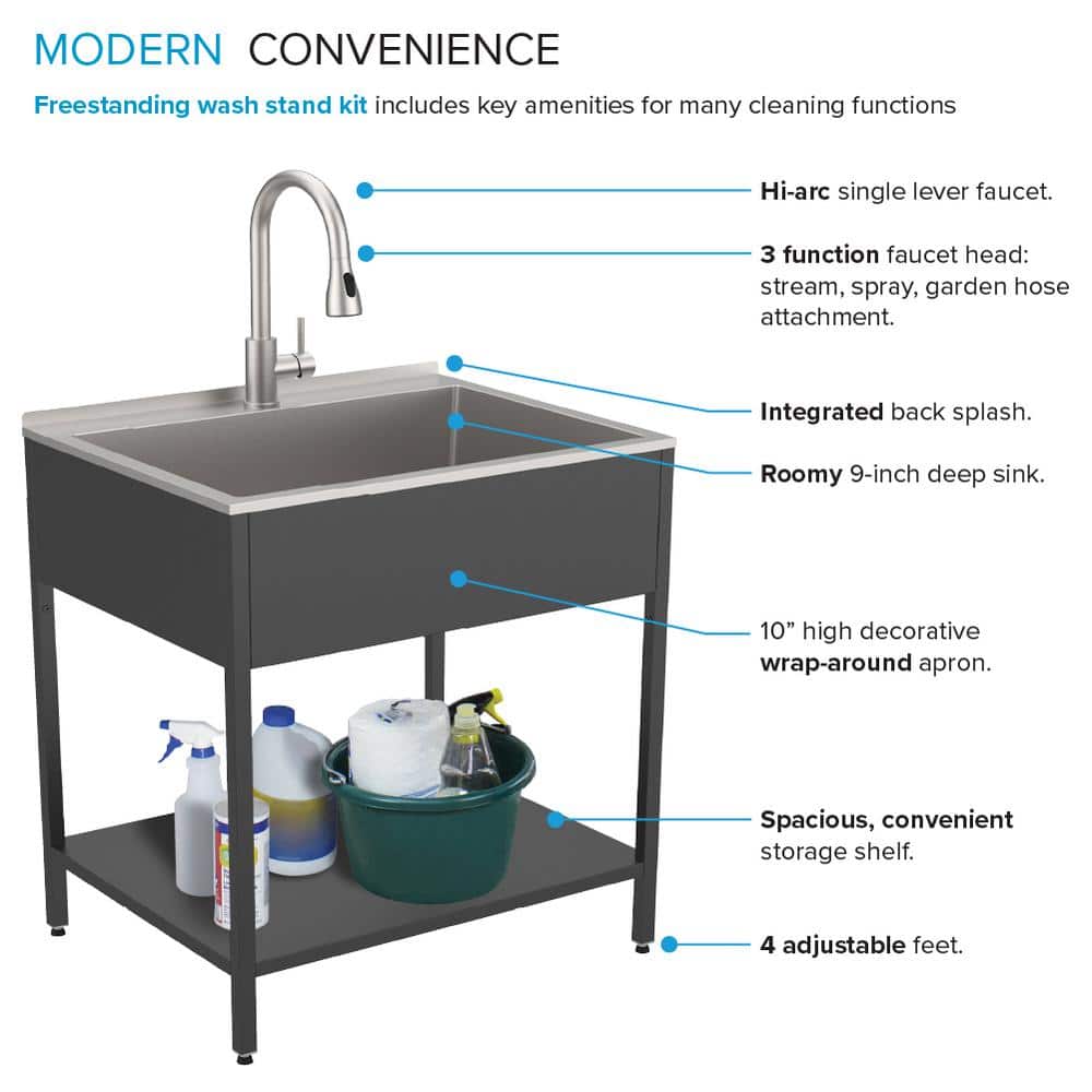 28'' Matte Black Stainless Steel Free Standing Laundry Sink with Faucet