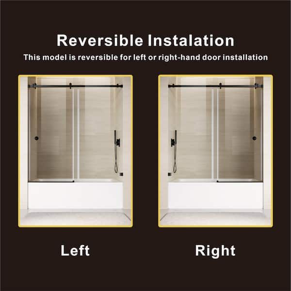 UKS09 56 to 60 in. W x 66 in. H Single Sliding Frameless Bathtub Door in Matte Black with EnduroShield 3/8" Clear Glass