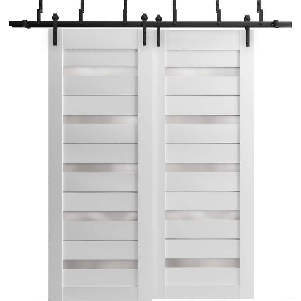 56 in. x 96 in. 2 Panel Frosted Glass White Wood Sliding Barn Door with Hardware Kit price history on PriceWatchPro