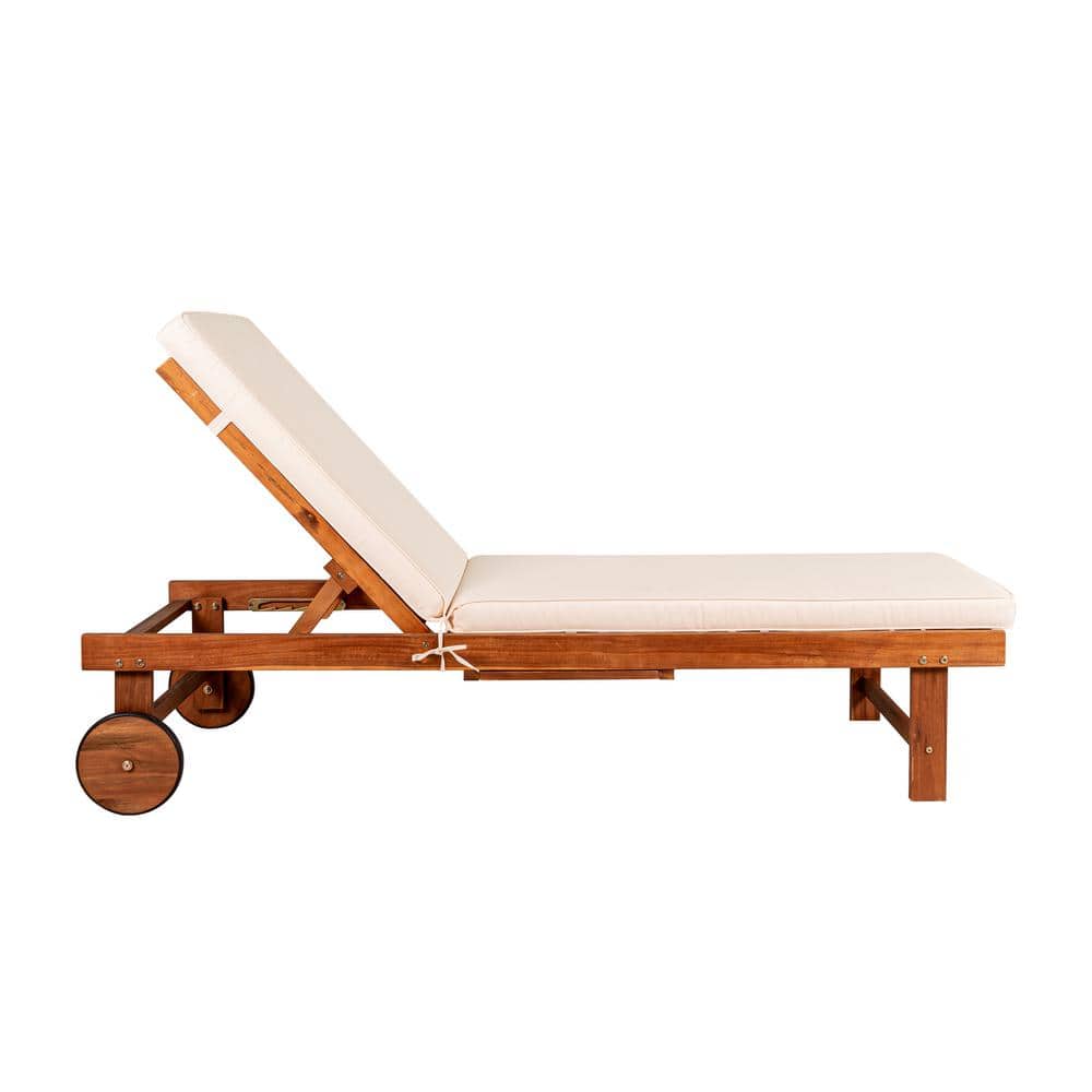 Seabrook 69" Acacia Wood Outdoor Lounger with Cream Cushion and Slide Table