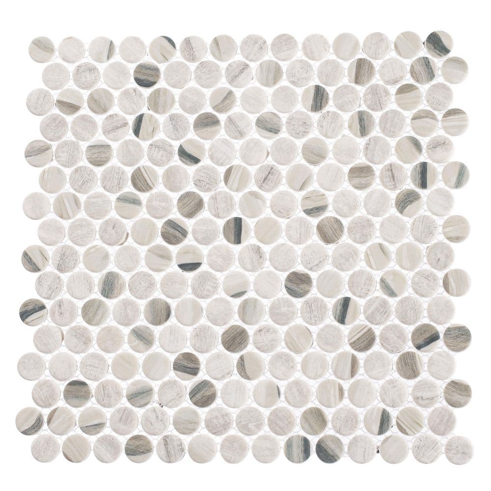 Dexo Pi Gray 4.5 in. x 8.25 in. Penny Round Smooth Glass Mosaic Tile Sample