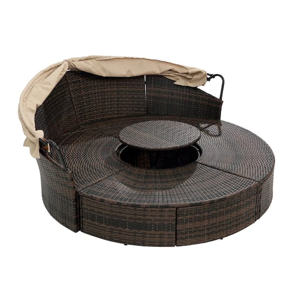 4-Piece Wicker Outdoor Sectional Set with Beige Cushions Round Canopy Bed with Lift Coffee Table