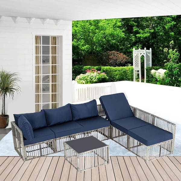 Sudzendf 7-Pieces Gray Wicker Sectional Set, Adjustable Chair Patio Furniture Set with Navy Blue Cushions