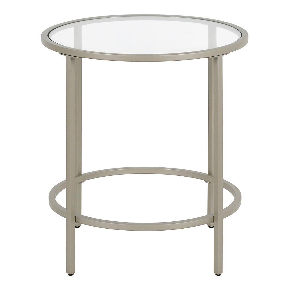 Sivil 20" Satin Nickel Round Metal & Glass Side Table