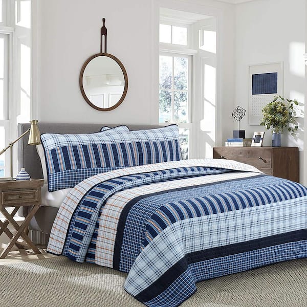 Cozy Line Home Fashions Bennett Plaid Stripe Tartan 2-Piece Navy Blue Orange Cotton Twin Quilt Bedding Set