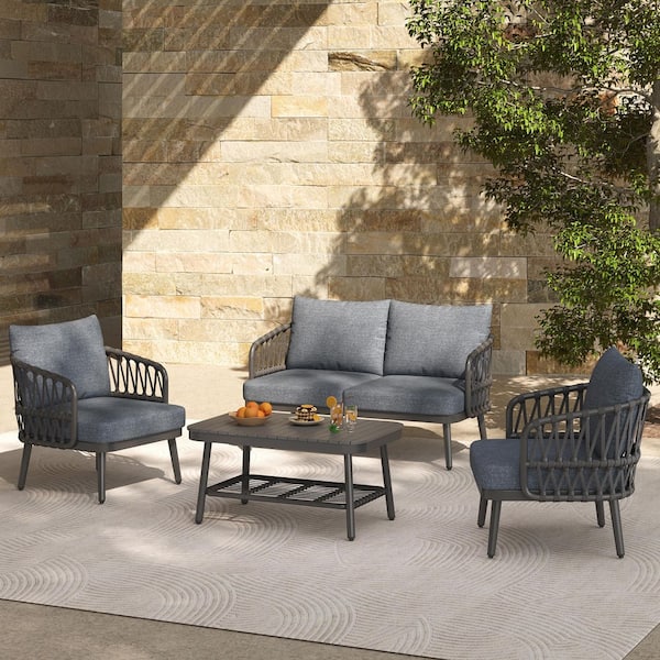 CHRISTOPHER KNIGHT HOME Boone 4-Piece Outdoor Patio Chat Set with Grey Cushions, Coffee Table, Rope Weave, Steel, Acacia Wood, Black
