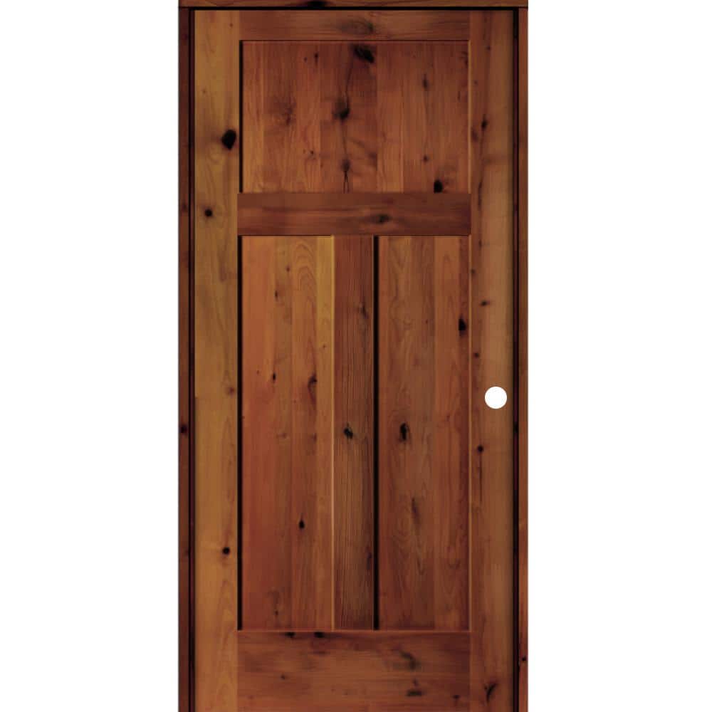 28 in. x 80 in. Craftsman Knotty Alder 3-Panel Left-Handed Red Chestnut Stain Solid Wood Single Prehung Interior Door price history on PriceWatchPro