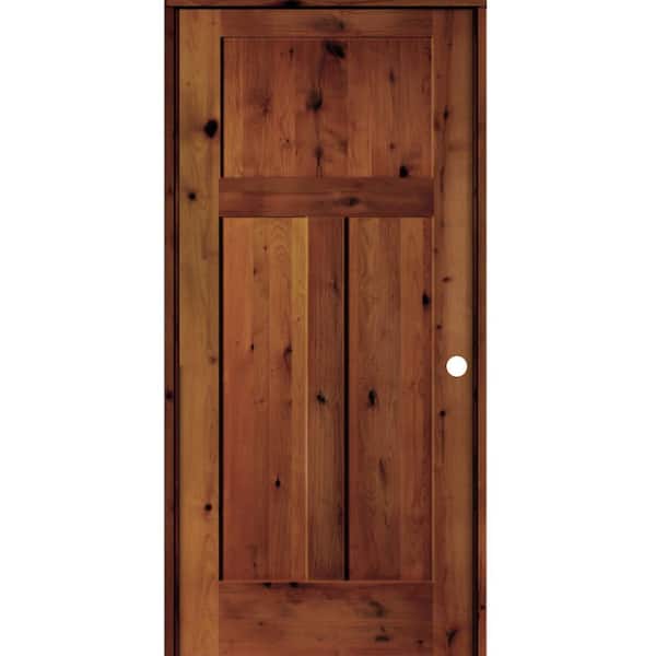 Krosswood Doors 30 in. x 80 in. Craftsman Knotty Alder 3-Panel Left-Handed Red Chestnut Stain Solid Wood Single Prehung Interior Door