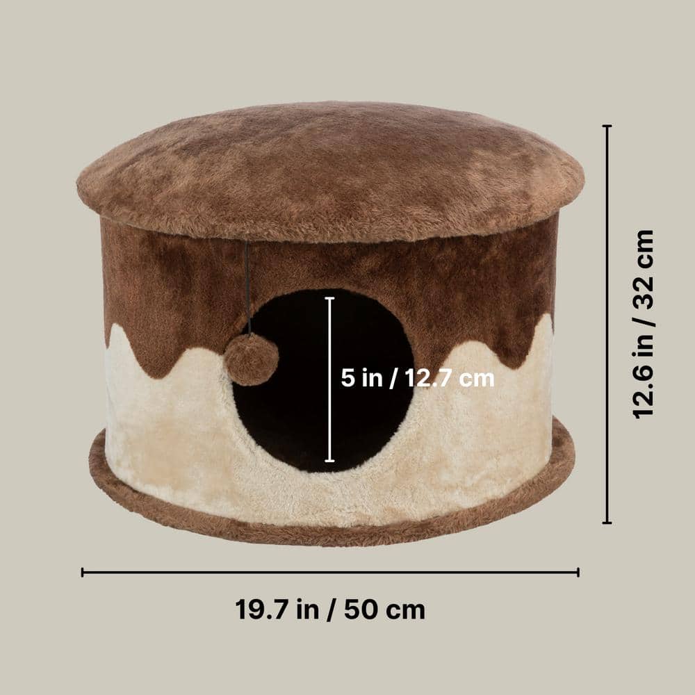Cozy Brown and Beige Faux Fleece Cat Condo with Pom-Pom Toy