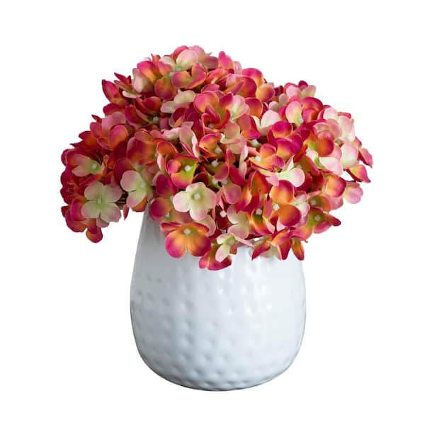 Nearly Natural 11 in. Artificial Hydrangea Arrangement in White Metal Vase