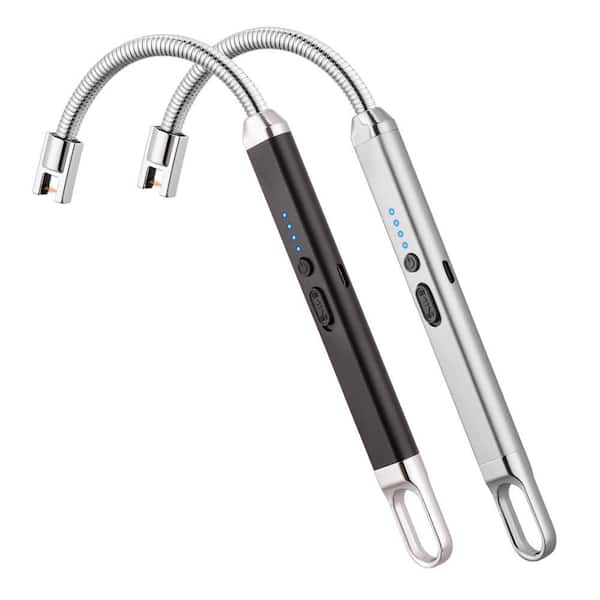 SenQWFa 7.5 in. Black Silver Windproof Arc USB Camp Candle Lighter Set with 360° Flexible Neck (2-Pack)