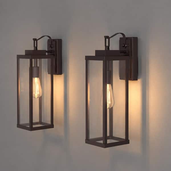 16 in. 1-Light Chocolate Brown Rectangular Outdoor Wall Lantern with Glass Shade for Porch 2-Pack
