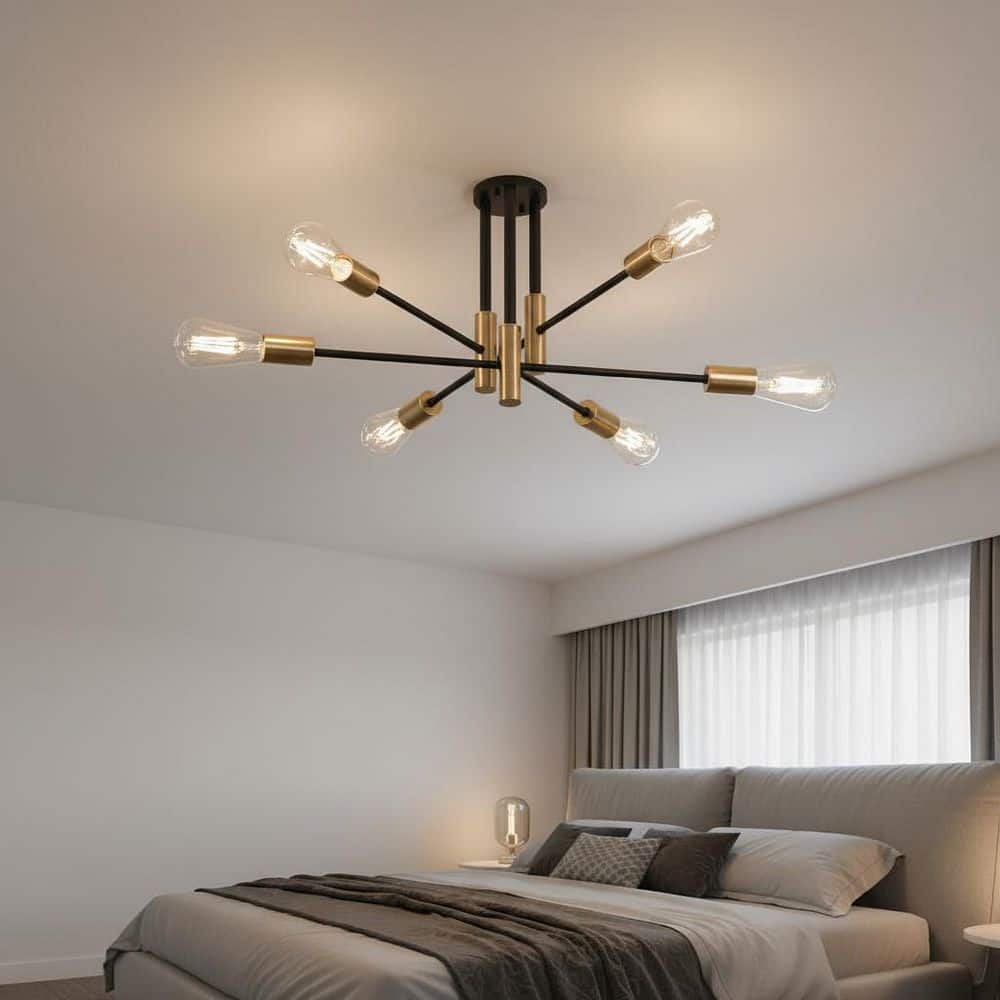 YANSUN 32.7 in. 6-Light Black Sputnik Semi Flush Mount Modern
