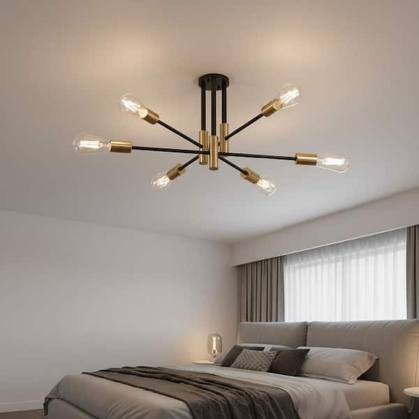 YANSUN 32.7 in. 6-Light Black Sputnik Semi Flush Mount Modern Chandeliers for bedrooms, dining room light fixture