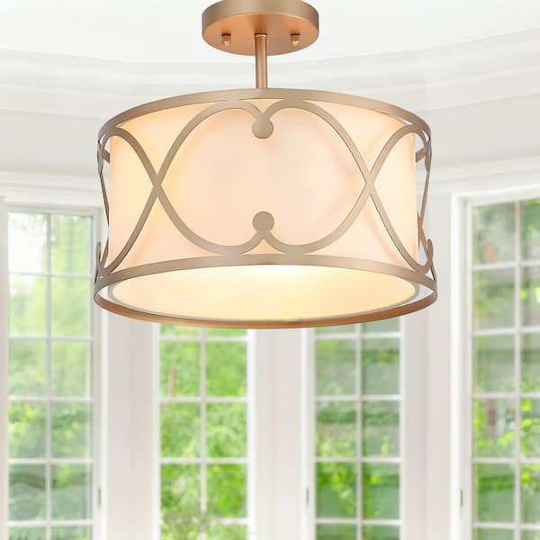 Uolfin Gold Farmhouse Semi-Flush Mount Light with White Fabric Shade 13 in. 3-Light Modern Traditional Light for Foyer, Bedroom