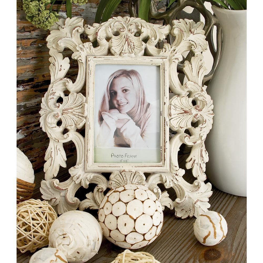 White Floral Embossed Tabletop and Wall Picture Frames Set