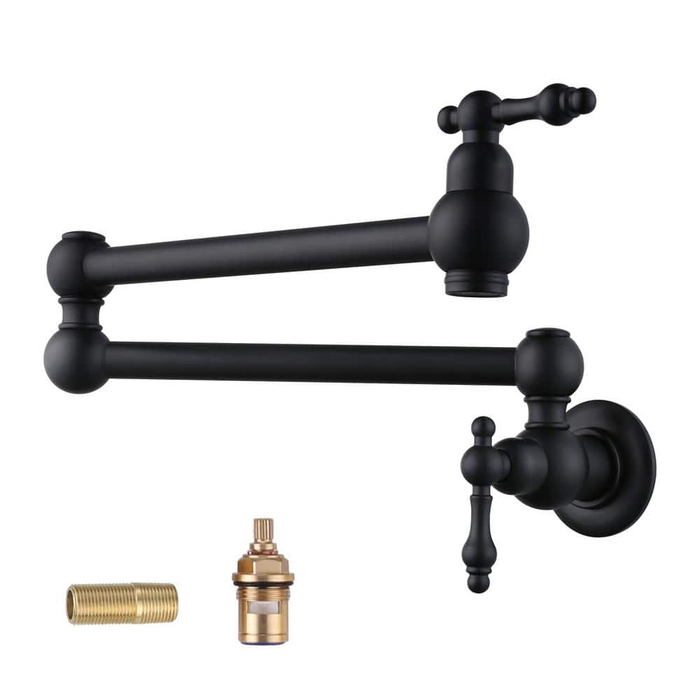 ARCORA Wall Mounted Brass Pot Filler with 2-Handles in Matte Black ...