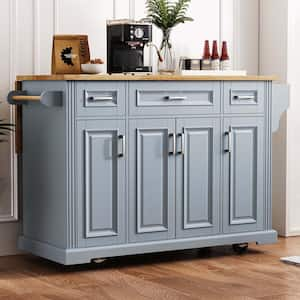 Blue Wood 54 in. Kitchen Island with 4 Doors 3 Drawers Wheels Cabinet Storage Sideboard Dining Living Room Kitchen