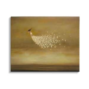 Elegant Woman Flying Doves Birds Dress Ochre Sky By Duy Huynh Unframed People Art Print 48 in. x 36 in.