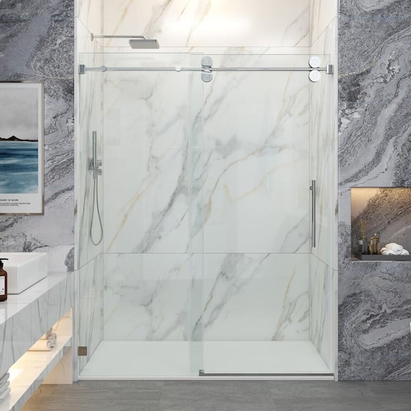 MCOCOD 66-72.5 in. W x 76 in. H Single Sliding Frameless Smooth Sliding Shower Door in Chrome with 3/8 in. Clear Glass