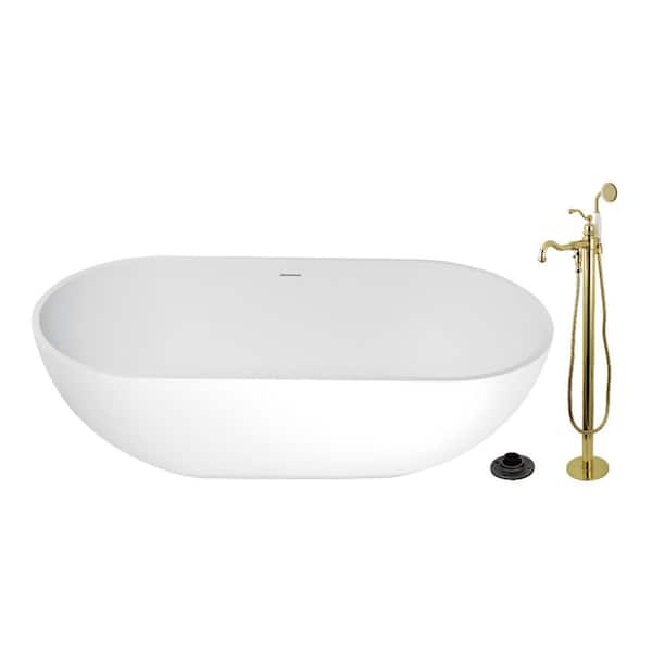 Arcticstone 70.1 in. x 34.6 in. Surface White Stone Flatbottom Soaking Freestanding Bathtub in White/Polished Brass