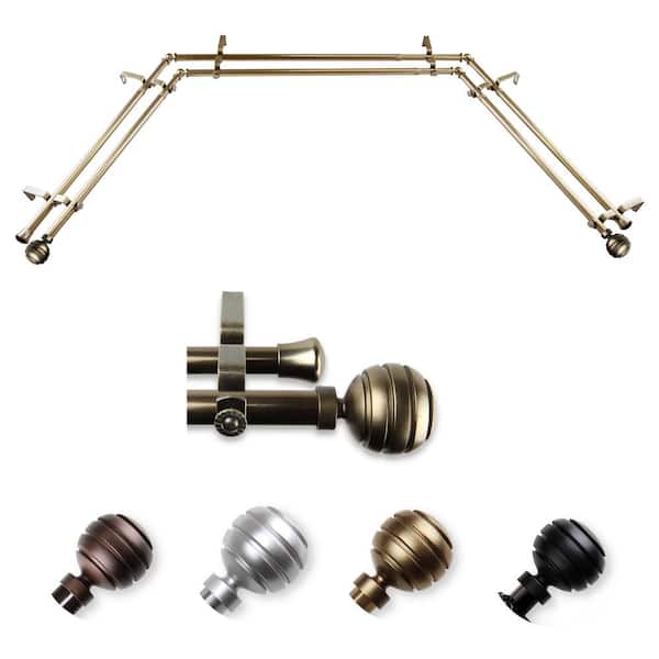 EMOH 13/16" Dia Adjustable 20"-36", 38"-72" Bay Window Double Curtain Rod with Ysabel Finials in Antique Brass