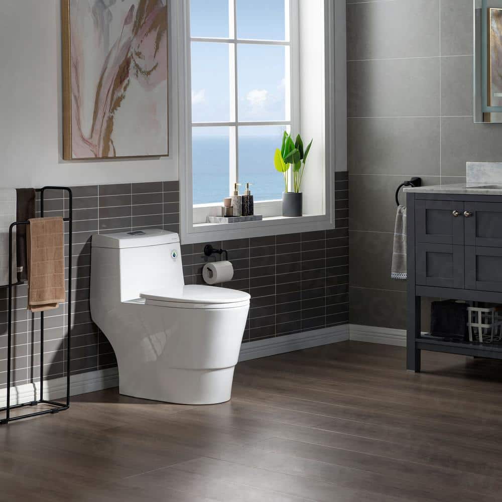 White Elongated One-Piece Dual Flush Toilet with Chrome Button