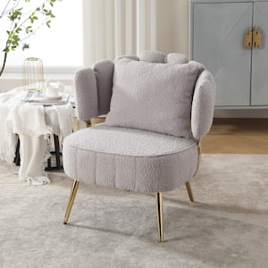 Modern Light Gray Boucle Upholstered Accent Arm chair with Metal Frame and Pillow