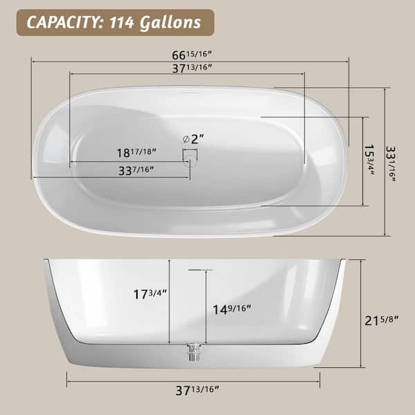 67 in. x 33 in. Glossy White Solid Surface Stone Resin Freestanding Soaking Bathtub, Flatbottom with Center Drain