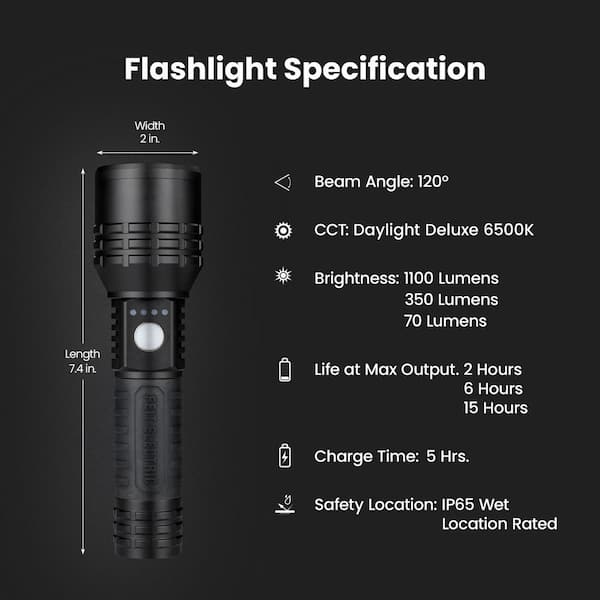 1100-1300 lumens max tactical flashlights usb rechargeable Feit Electric 1100 lumens 7.3 in. Dual Power LED Rechargeable Long Range Handheld Flashlight (3-Pack)
