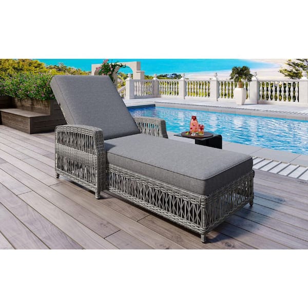 Adjustable Wicker Outdoor Patio Chaise Lounge Recliner with Soft Removable Gray Cushions