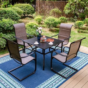 Black 5-Piece Metal Outdoor Patio Dining Set with Slat Square Table and High Back C-Spring Textilene Chairs