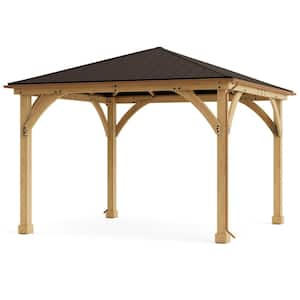 Meridian 12 ft. x 12 ft. Outdoor Patio Shade Gazebo with Coffee Brown Aluminum Roof and Rain Gutter Kit Bundle Included