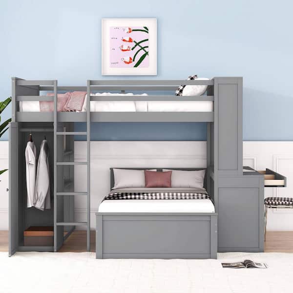 Gray Full Size Loft Bed with a Twin Size Stand-Alone Bed, Shelves, Desk and Wardrobe