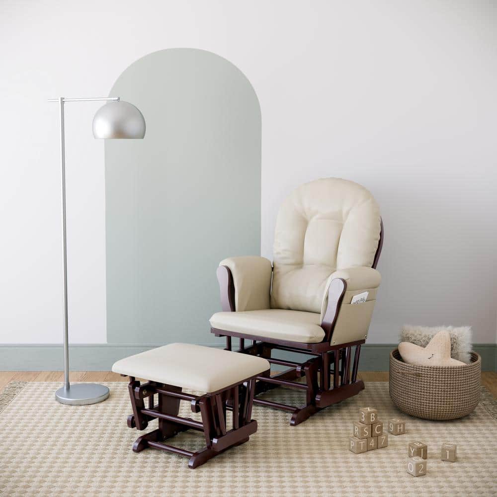 Espresso Wood Glider Chair and Ottoman with Beige Cushions