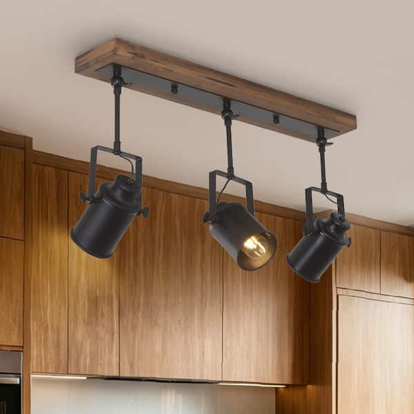 Parroco 3-Light 24.6 in. W Black Track Lighting Kit Wood Pendant Light w/Flexible Tracking Head for Wine Rack, Kitchen