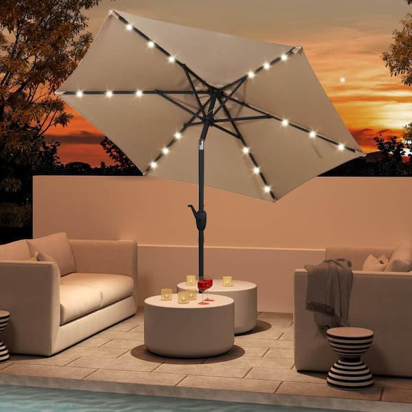 7.5 ft. Solar Powered Market Patio Umbrella with LED Lights Push Button Tilt Crank Handle in Beige