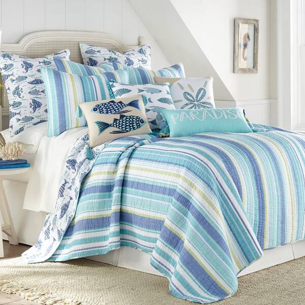 Levtex Home Set Trapunta Laida Beach Per Letto Matrimoniale, 100% Cotone Con Righe Costa E Pesci Tropicali, Verde Blu E Bianco