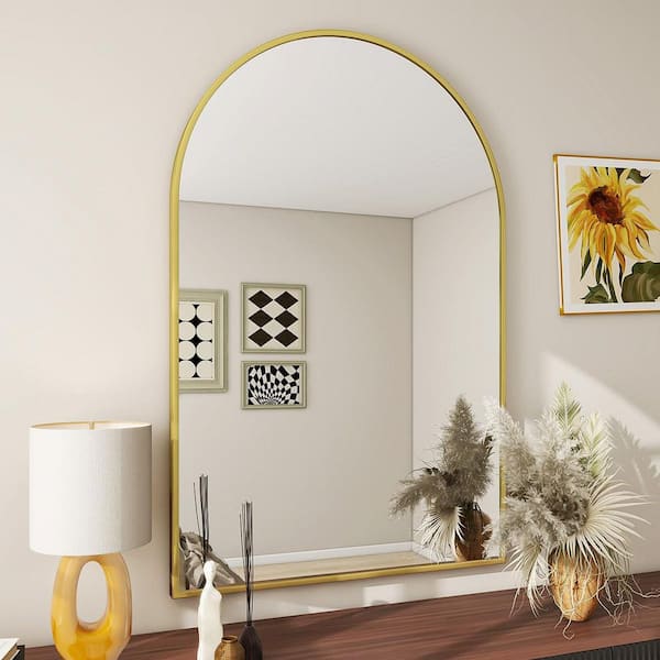 24 in. W x 36 in. H Arched Framed Wall Bathroom Vanity Mirror in Gold with Metal Frame