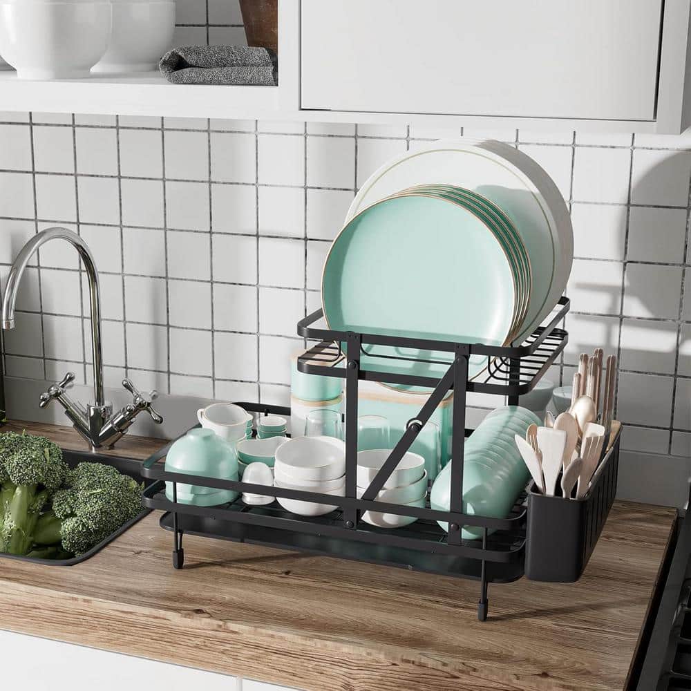22 in. 2-Tier Collapsible Dish Rack with Removable Drip Tray