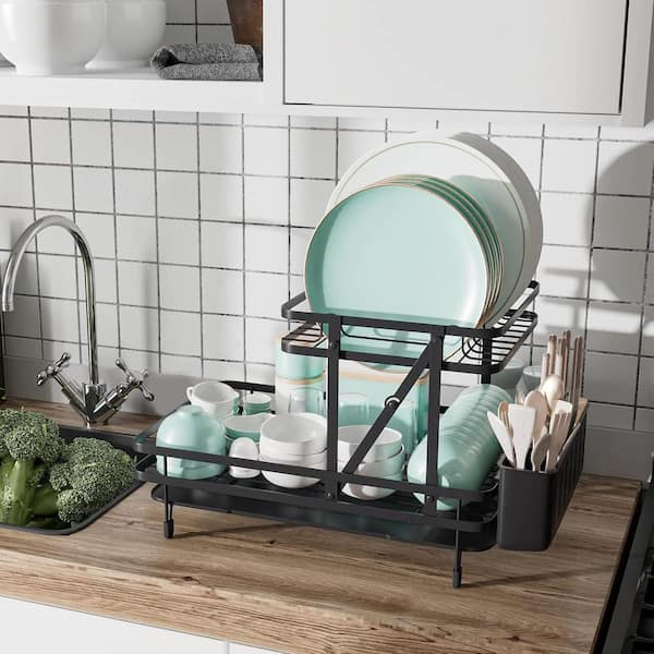 Unbranded 22 in. 2-Tier Collapsible Dish Rack with Removable Drip Tray