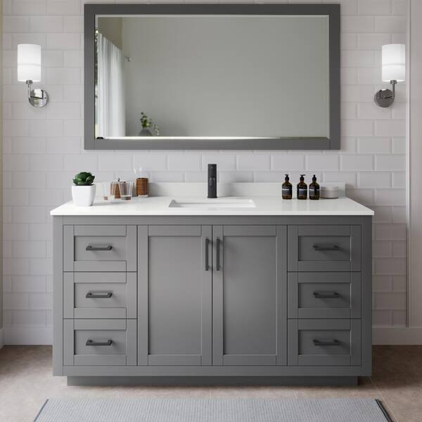 Wyndham Collection Miranda 66 in. W x 22 in. D x 33.75 in. H Single Bath Vanity in Dark Gray with White Quartz Top and 58 in. Mirror