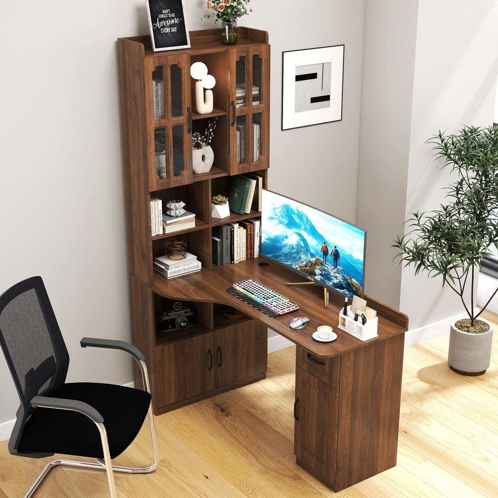 CSC DECOR INC 55 in. 2-in-1 L-Shaped Walnut Corner Computer Desk