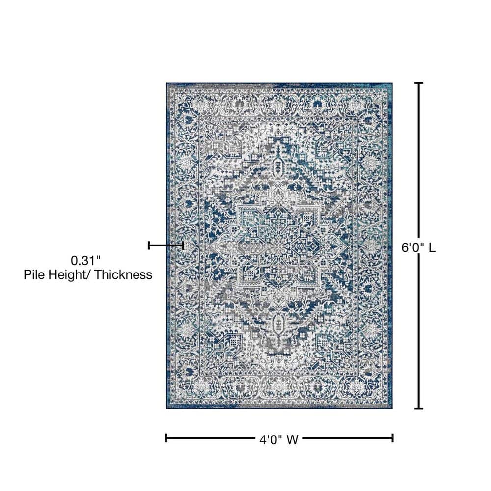 Navy and Light Grey Synthetic Medallion 4' x 6' Area Rug